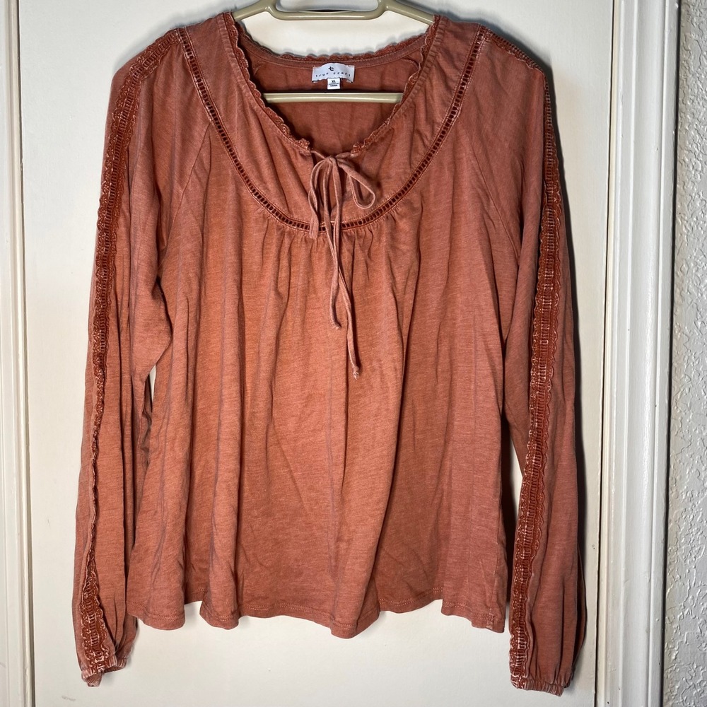 True Craft Terracotta Rust‎ Crochet Lace Trim Tie Front Peasant Blouse XL